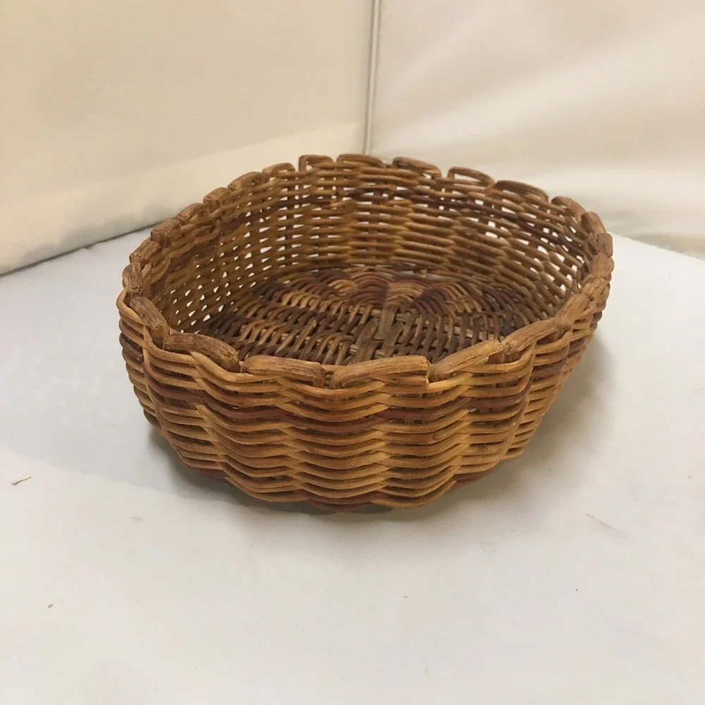 Wicker Basket Home Decor Small Brown Oval Woven Scalloped Rim Rustic Farmhouse